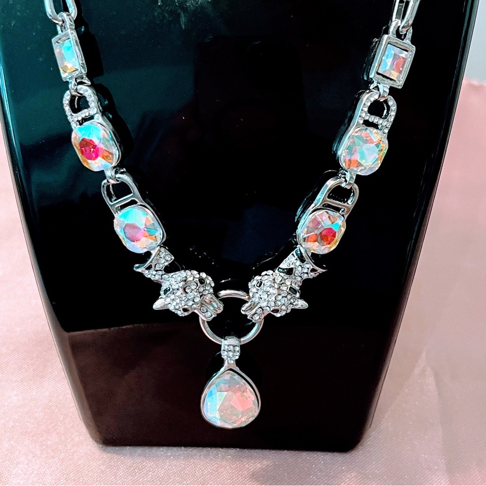 Elegant Silver Necklace with Iridescent Accents 20” around the neckline.